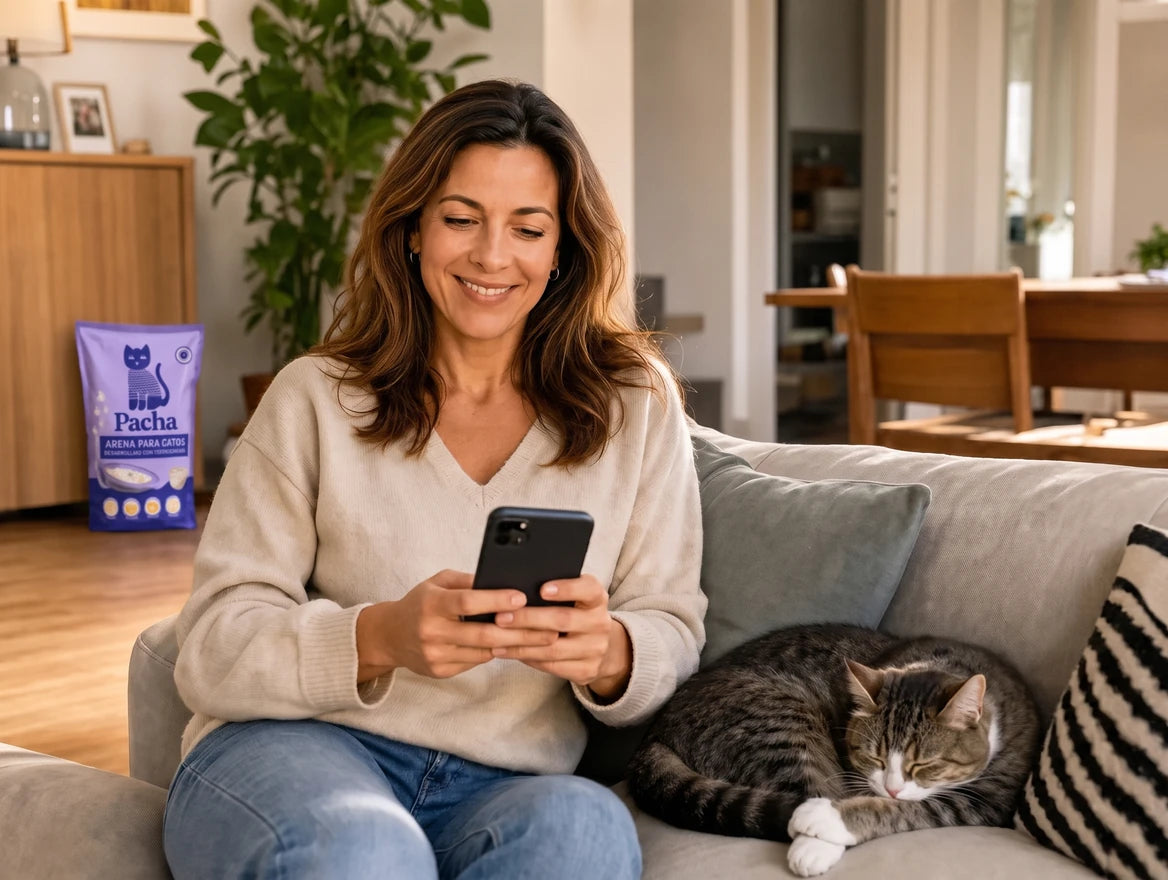 Clienta relajada en su sofá consultando su smartphone, un gato dormido a su lado