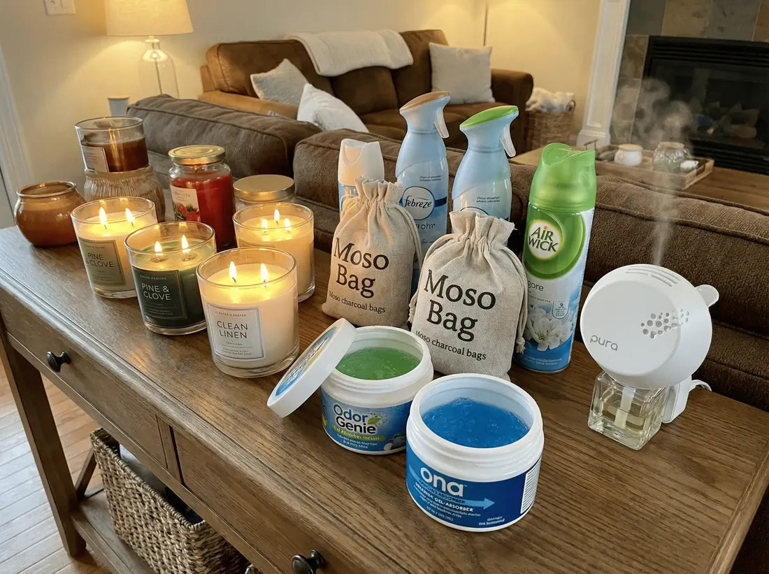 Arsenal antiolor: velas, sprays, bolsitas de carbón, botes de gel alineados en un mueble