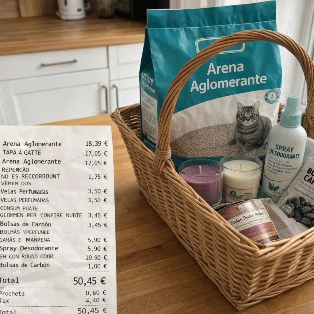 Ticket de caja de 50 euros con cesta de la compra: arena, velas, sprays, carbón