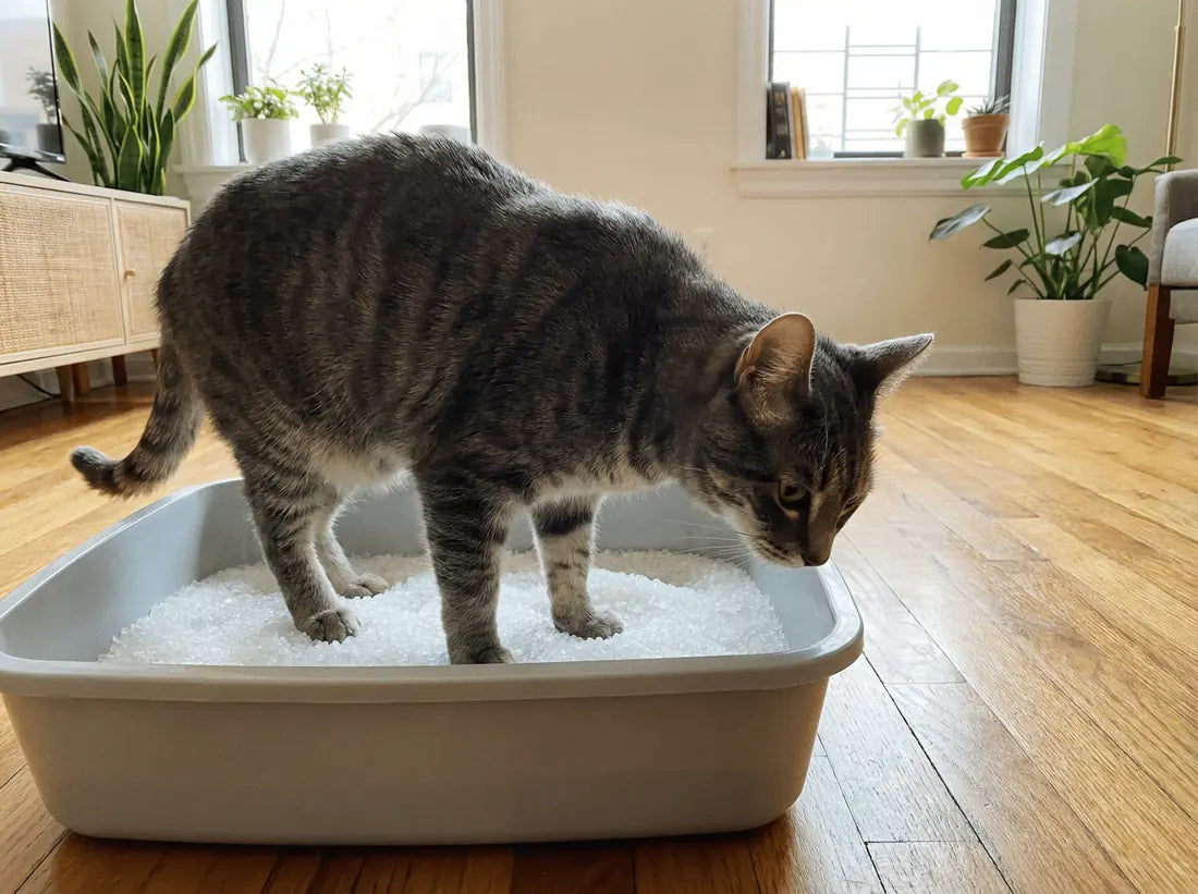 El gato ya dentro de la bandeja inspeccionando los cristales