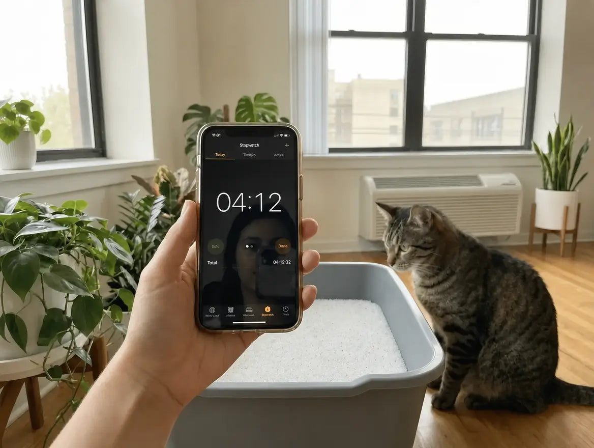 Una mano sujeta un smartphone que muestra un cronómetro en 04:12, un gato atigrado sentado junto a la bandeja llena de cristales blancos de Pacha
